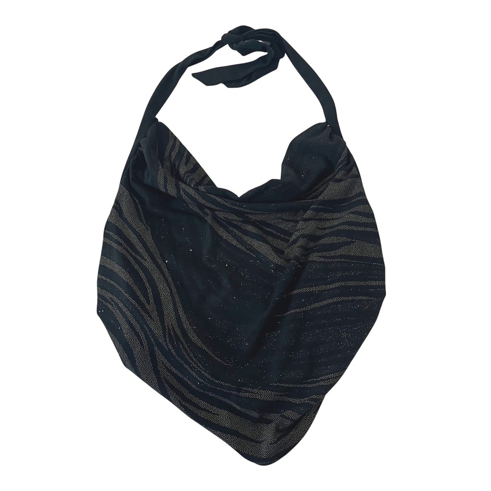 Vintage Ossira USA Black Glitter Zebra Halter Top Handkerchief Hem Y2K 90s
